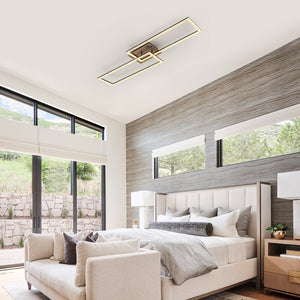 2-Light 40.55 in. Modern Black and Wood Dimmable Integrated LED Flush Mount Ceiling Light