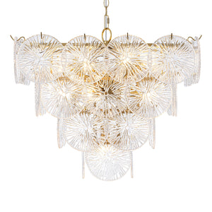 Lustre de salon moderne doré de 61 cm à 13 lumières avec abat-jour en verre transparent texturé en forme de pétales