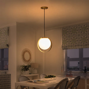 Suspension LED moderne Mid-Century en laiton avec anneau, 1 lumière, 8 W, globe en verre blanc, 25 cm (9,84 po)