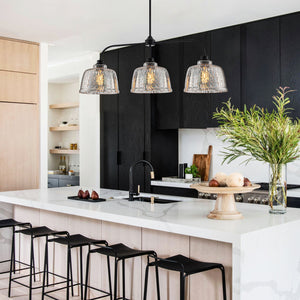 Lustre linéaire moderne noir mat de 99 cm à 3 lumières avec abat-jour en verre texturé pour îlot de cuisine