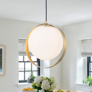 Suspension LED moderne Mid-Century en laiton avec anneau, 1 lumière, 8 W, globe en verre blanc, 25 cm (9,84 po)