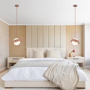 Suspension globe à 1 lumière en bois avec abat-jour en verre blanc de 27 cm pour îlot de cuisine et chambre à coucher