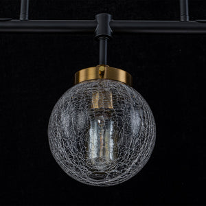 38 Zoll 5-flammige moderne, mattschwarze, lineare Hängeleuchte mit klaren Kugel-Spritzglas-Schirmen, Insel-Kronleuchter