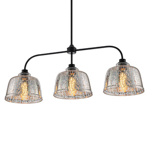 Lustre linéaire moderne noir mat de 99 cm à 3 lumières avec abat-jour en verre texturé pour îlot de cuisine