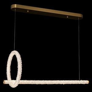 Lustre suspension LED intégré dimmable 2 lumières, moderne, luxe, avec anneau et barre dorés et cristaux pour salle à manger