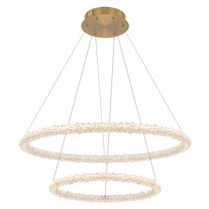 2-flammiger moderner Kronleuchter in Gold mit doppelten Ringen, dimmbar, integrierte LED, mehrstufige Pendelleuchte mit Kristall für Esszimmer