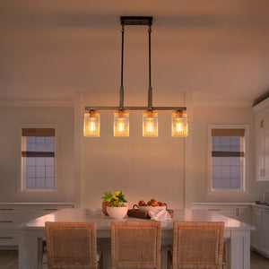 Lustre linéaire noir mat de 30,5 po à 4 lumières de style ferme moderne avec îlot suspendu à accent en faux bois et abat-jour en verre