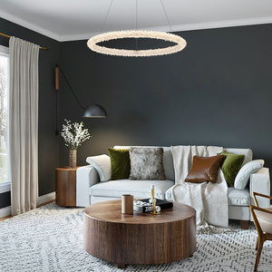 1-flammige moderne goldene Metallring-Kristall-LED-Pendelleuchte, dimmbarer Kronleuchter für Esszimmer