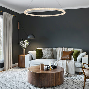 1-flammige moderne goldene Metallring-Kristall-LED-Pendelleuchte, dimmbarer Kronleuchter für Esszimmer