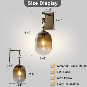 Applique murale 1 lumière en métal antique de 18 cm (7,09 po) avec abat-jour en verre ovale dégradé pour chambre, salle de bain, couloir