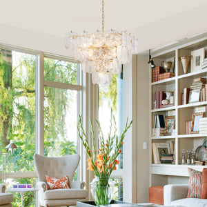 Lustre de salon moderne doré de 61 cm à 13 lumières avec abat-jour en verre transparent texturé en forme de pétales