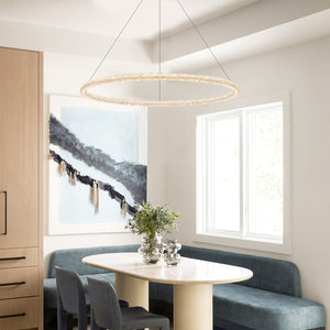 1-flammige moderne goldene Metallring-Kristall-LED-Pendelleuchte, dimmbarer Kronleuchter für Esszimmer