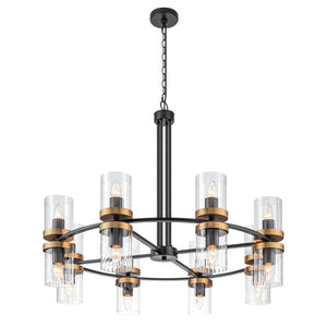 Lustre suspendu 16 lumières de luxe moderne en fer noir et or de 89,5 cm avec abat-jour en verre pour salon, salle à manger