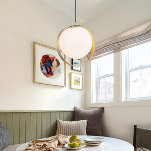 Suspension LED moderne Mid-Century en laiton avec anneau, 1 lumière, 8 W, globe en verre blanc, 25 cm (9,84 po)