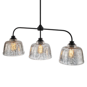 Lustre linéaire moderne noir mat de 99 cm à 3 lumières avec abat-jour en verre texturé pour îlot de cuisine