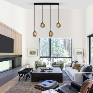 Suspension linéaire moderne noire à 4 lumières de 38,6 po avec abat-jour en verre à 2 niveaux pour îlot de cuisine