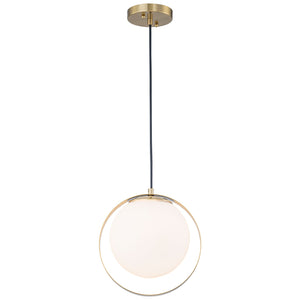 Suspension LED moderne Mid-Century en laiton avec anneau, 1 lumière, 8 W, globe en verre blanc, 25 cm (9,84 po)