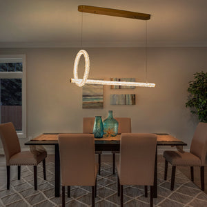 Lustre suspension LED intégré dimmable 2 lumières, moderne, luxe, avec anneau et barre dorés et cristaux pour salle à manger