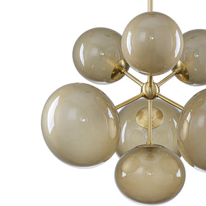 Lustre grappe Mid-Century Modern or à 4 ou 7 lumières avec abat-jour globes en verre couleur café