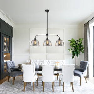 Lustre linéaire moderne noir mat de 99 cm à 3 lumières avec abat-jour en verre texturé pour îlot de cuisine