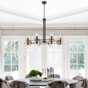 Lustre suspendu 16 lumières de luxe moderne en fer noir et or de 89,5 cm avec abat-jour en verre pour salon, salle à manger
