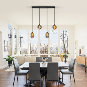 Suspension linéaire moderne noire à 4 lumières de 38,6 po avec abat-jour en verre à 2 niveaux pour îlot de cuisine
