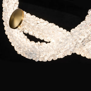 Lustre suspension LED intégré dimmable 2 lumières, moderne, luxe, avec anneau et barre dorés et cristaux pour salle à manger