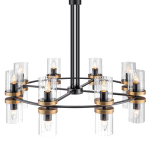 Lustre suspendu 16 lumières de luxe moderne en fer noir et or de 89,5 cm avec abat-jour en verre pour salon, salle à manger