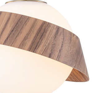 Suspension globe à 1 lumière en bois avec abat-jour en verre blanc de 27 cm pour îlot de cuisine et chambre à coucher