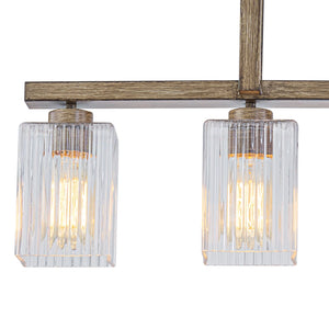 Lustre linéaire noir mat de 30,5 po à 4 lumières de style ferme moderne avec îlot suspendu à accent en faux bois et abat-jour en verre
