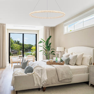 1-flammige moderne goldene Metallring-Kristall-LED-Pendelleuchte, dimmbarer Kronleuchter für Esszimmer