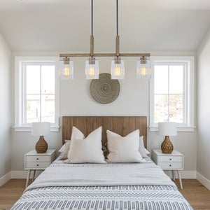 Lustre linéaire noir mat de 30,5 po à 4 lumières de style ferme moderne avec îlot suspendu à accent en faux bois et abat-jour en verre
