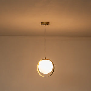 Suspension LED moderne Mid-Century en laiton avec anneau, 1 lumière, 8 W, globe en verre blanc, 25 cm (9,84 po)