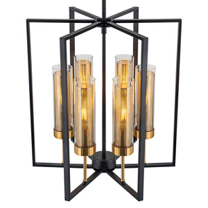Lustre géométrique industriel noir en fer à 6 ampoules de 45 cm (17,72 po) avec abat-jour en verre transparent pour îlot de cuisine, foyers, couloir
