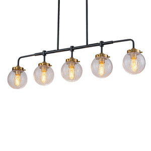 38 Zoll 5-flammige moderne, mattschwarze, lineare Hängeleuchte mit klaren Kugel-Spritzglas-Schirmen, Insel-Kronleuchter