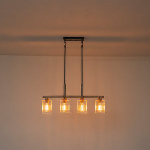 Lustre linéaire noir mat de 30,5 po à 4 lumières de style ferme moderne avec îlot suspendu à accent en faux bois et abat-jour en verre