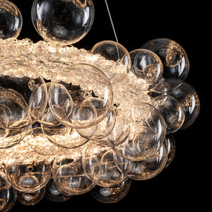 1-Leuchtgoldene moderne runde Kugel-Kristall-LED-Pendelleuchte, dimmbar, mit Glasblasen
