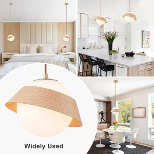 Suspension globe à 1 lumière en bois avec abat-jour en verre blanc de 27 cm pour îlot de cuisine et chambre à coucher