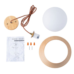 Suspension globe à 1 lumière en bois avec abat-jour en verre blanc de 27 cm pour îlot de cuisine et chambre à coucher