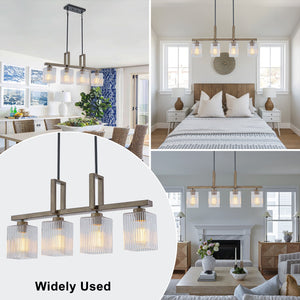 Lustre linéaire noir mat de 30,5 po à 4 lumières de style ferme moderne avec îlot suspendu à accent en faux bois et abat-jour en verre