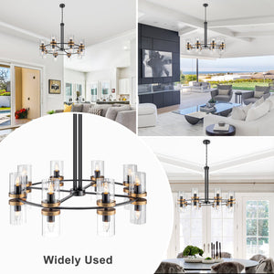 Lustre suspendu 16 lumières de luxe moderne en fer noir et or de 89,5 cm avec abat-jour en verre pour salon, salle à manger