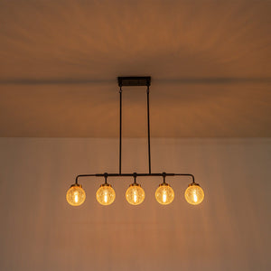 38 Zoll 5-flammige moderne, mattschwarze, lineare Hängeleuchte mit klaren Kugel-Spritzglas-Schirmen, Insel-Kronleuchter
