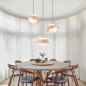 Suspension globe à 1 lumière en bois avec abat-jour en verre blanc de 27 cm pour îlot de cuisine et chambre à coucher