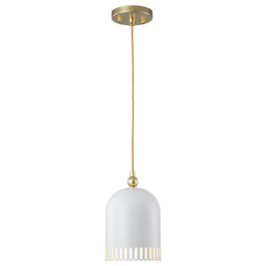 1-flammige Pendelleuchte aus goldfarbenem Eisen in halbkuppelförmigem Design mit mattweißem Metallschirm und Aushöhlungen für das Wohnzimmer