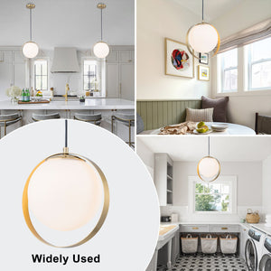 Suspension LED moderne Mid-Century en laiton avec anneau, 1 lumière, 8 W, globe en verre blanc, 25 cm (9,84 po)