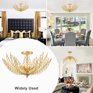 26 Zoll 4-flammige moderne luxuriöse goldfarbene halbeinbaubare Deckenleuchte mit Metallblätterschirm