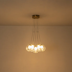 7-flammiger moderner Sputnik Cluster LED-Kronleuchter in Gold mit klaren Glaskugelschirmen für das Wohnzimmer