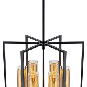 Lustre géométrique industriel noir en fer à 6 ampoules de 45 cm (17,72 po) avec abat-jour en verre transparent pour îlot de cuisine, foyers, couloir