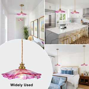 Pendentif suspendu moderne rose 1 lumière de 28 cm avec abat-jour en verre en forme de fleur pour chambre à coucher, îlot de cuisine