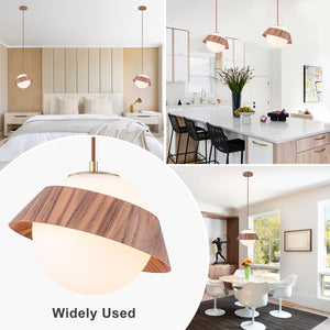 Suspension globe à 1 lumière en bois avec abat-jour en verre blanc de 27 cm pour îlot de cuisine et chambre à coucher